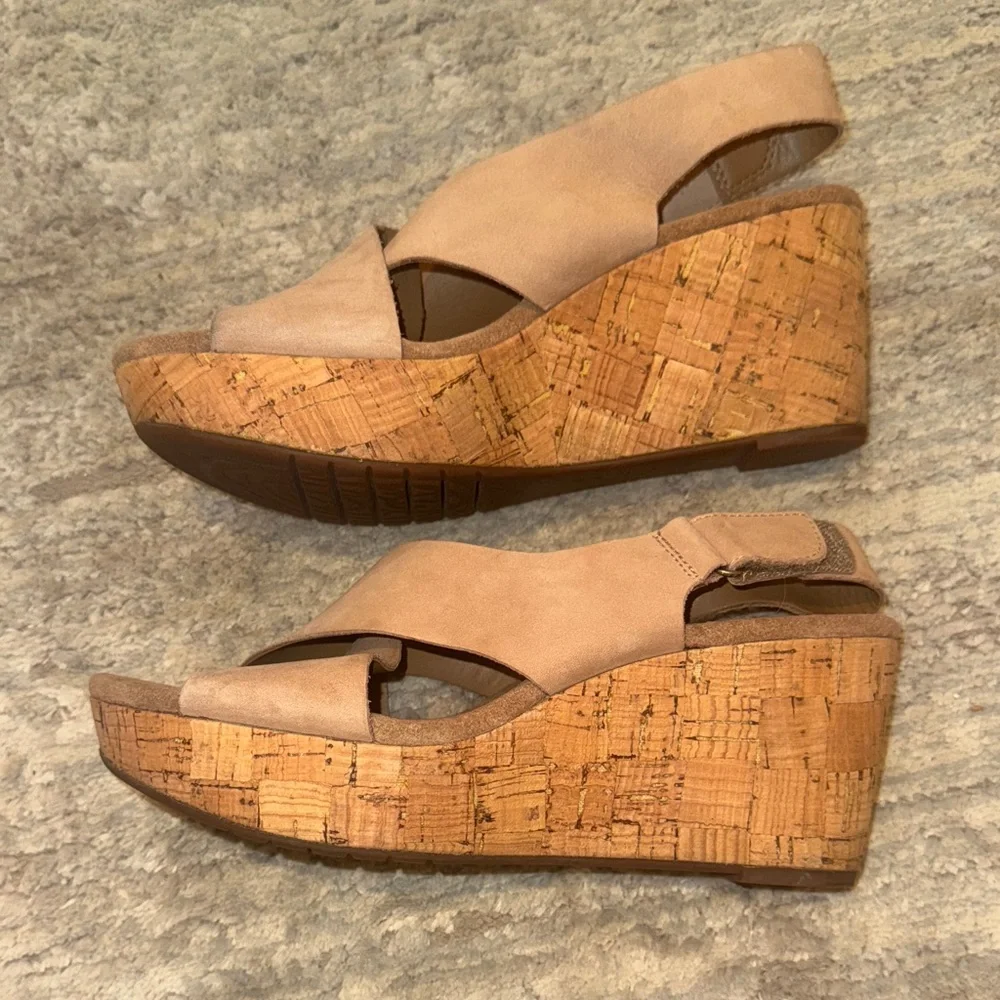 Clarks Beige Suede Cross-Strap Wedge Sandals